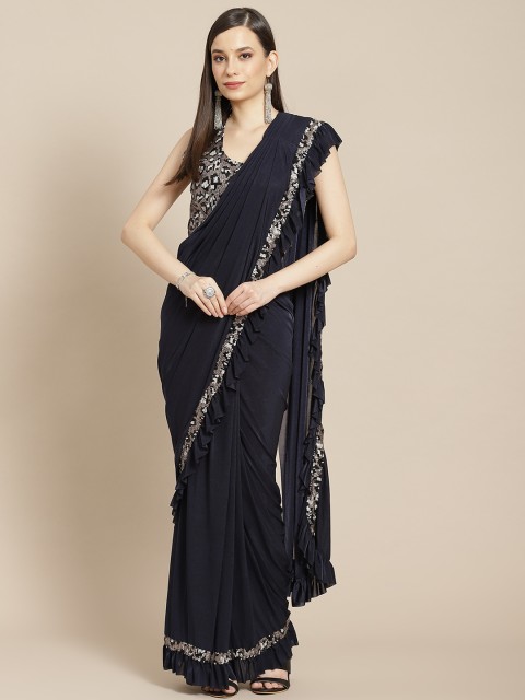 

Mitera Navy Blue Solid Ready to Wear Saree with Stitched Blouse