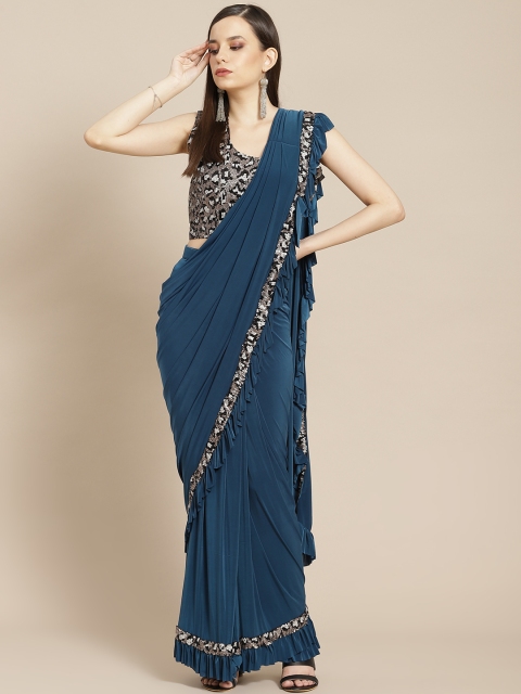 

Mitera Teal Blue Solid Ready to Wear Saree with Stitched Blouse