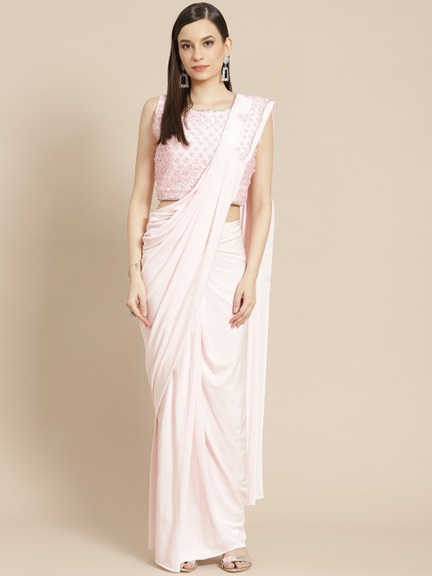 

Mitera Pink Solid Ready to Wear Saree with Stitched Blouse