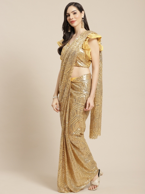 

Mitera Mustard Yellow & Golden Sequinned Ready to Wear Saree with Stitched Blouse