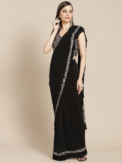 

Mitera Black Solid Sequinned Ruffled Ready to Wear Saree