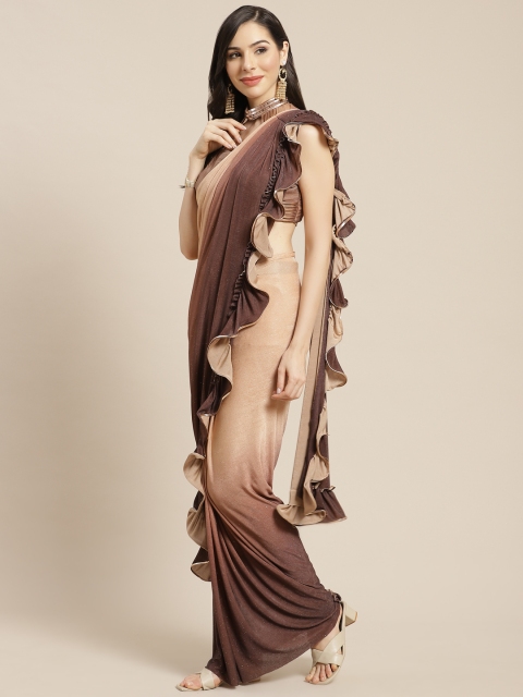 

Mitera Brown & Beige Ombre Dyed Ready to Wear Saree with Stitched Blouse