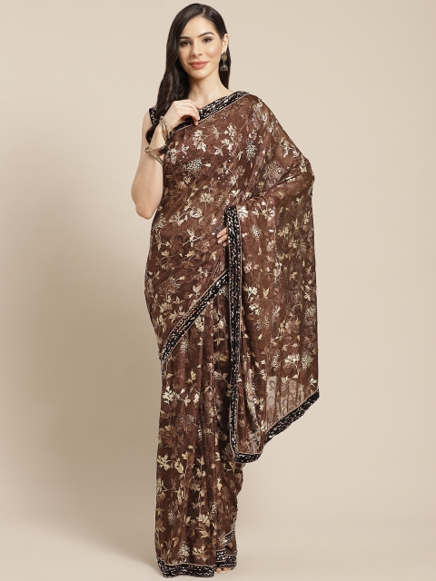 

Mitera Brown & Golden Floral Sequinned Brasso Celebrity Saree