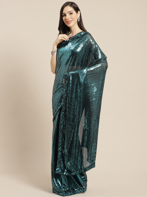 

Mitera Teal Green Leopard Design Sequinned Saree