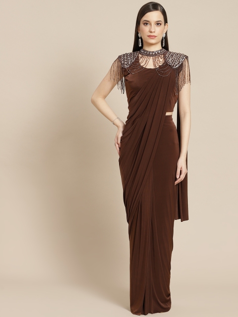 

Mitera Brown Solid Ready to Wear Saree with Cape style Necklace
