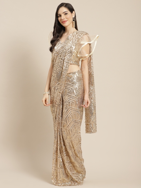 

Mitera Cream-Coloured & Golden Embellished Sequinned Ready to Wear Saree