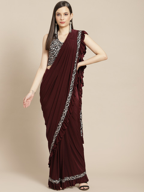 

Mitera Burgundy & Grey Sequinned Ruffled Ready to Wear Saree