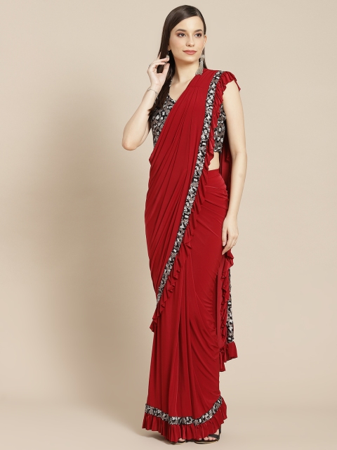 

Mitera Red & Grey Sequinned Ruffled Ready to Wear Saree