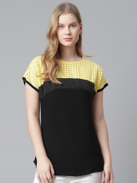

RIVI Black & Yellow Schiffli Embroidery Detail Pure Cotton Top