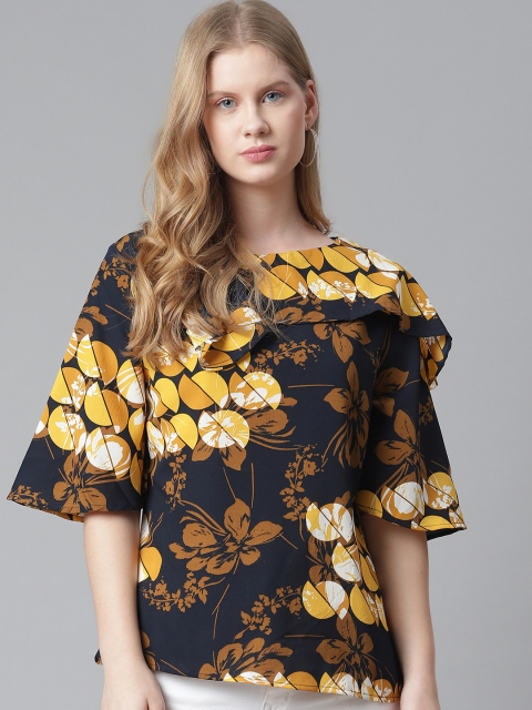 

RIVI Navy Blue & Mustard Yellow Floral Bell Sleeves Layered Regular Top