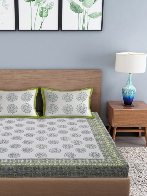 

Gulaab Jaipur White & Green Hand Block Printed 350 TC King Bedsheet with 2 Pillow Covers