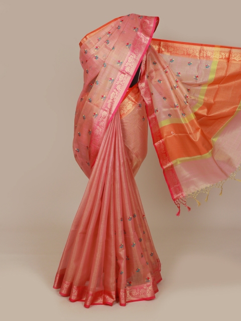 

Pothys Pink & Blue Floral Tissue Banarasi Saree