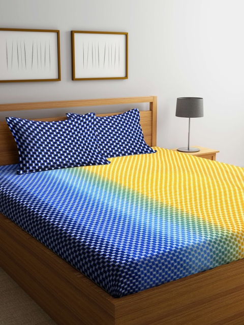 

Weaving Magic Yellow & Blue Geometric 104 TC Queen Bedsheet with 2 Pillow Covers