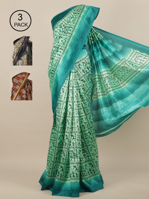 

Pothys Green & Cream-Coloured Pack of 3 Ethnic Motifs Jute Silk Saree