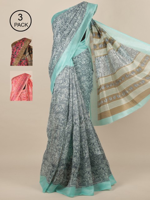 

Pothys Grey & Blue Floral Jute Pack of 3 Silk Saree