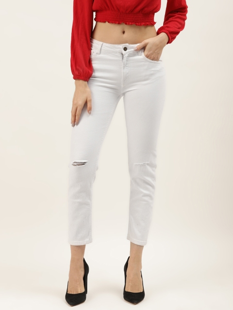 

Malachi Women White Pure Cotton Tapered Fit Slash Knee Cropped Jeans
