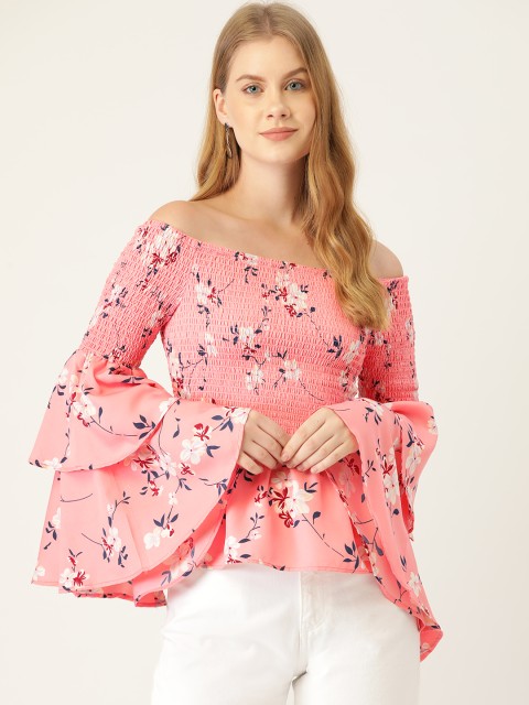 

ATRAENTA Women Pink & Navy Blue Floral Print Bardot Top