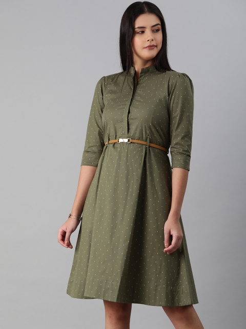 

ETIQUETTE Green & White Micro Floral Printed Shirt Dress