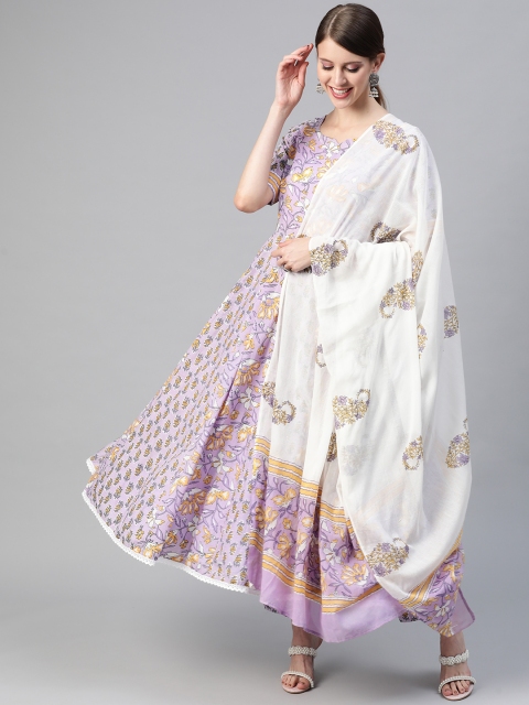 

AHIKA Women Purple Pure Cotton Ethnic Motifs Printed Kurta with Trousers & Dupatta