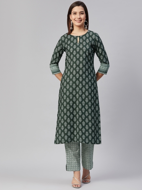 

AHIKA Women Green & White Ethnic Motifs Printed Kurta with Trousers