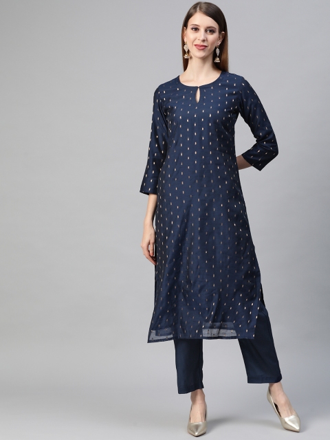 

AHIKA Women Navy Blue & Golden Geometric Woven Design Kurta with Trousers