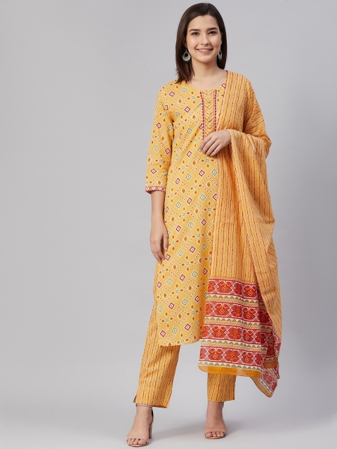 

AHIKA Women Mustard Yellow Printed Thread Work Pure Cotton Kurta with Trousers & With Dupatta