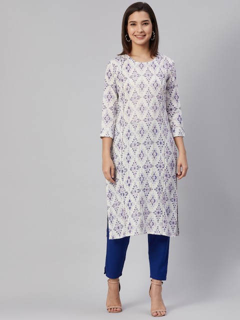 

AHIKA Women White & Blue Geometric Print Pure Cotton Gotta Patti Kurta