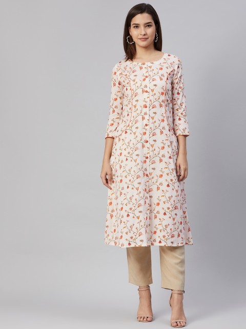 

AHIKA Women Off White & Orange Ethnic Motifs Printed Pure Cotton A-Line Kurta