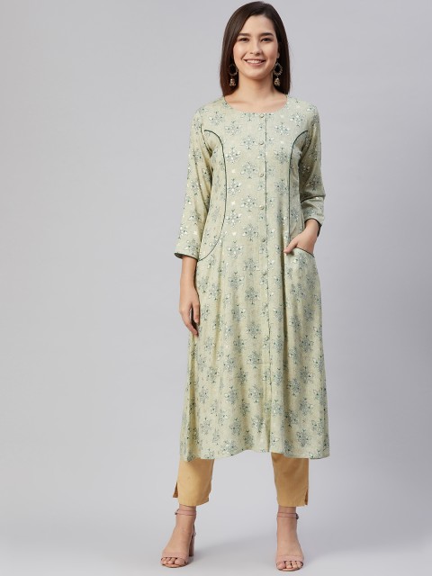 

AHIKA Women Green Pure Cotton Ethnic Motifs Print A-Line Kurta