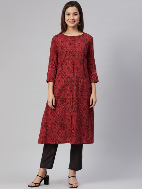 

AHIKA Women Maroon & Black Ethnic Motifs Print Pure Cotton A-line Kurta