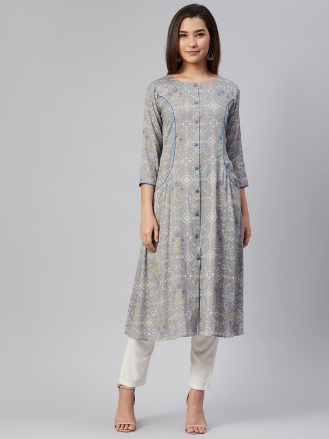 

AHIKA Women Grey & White Ethnic Motifs Printed Cotton A-line Kurta