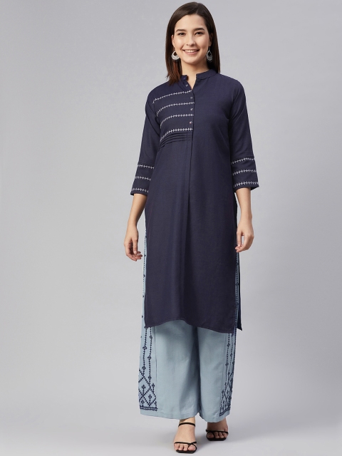 

AHIKA Women Blue Self-Stripe Yolk Design Kurta with Palazzos