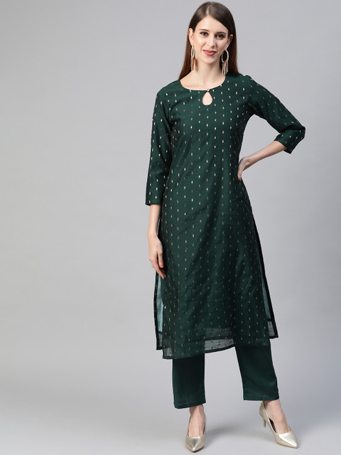 

AHIKA Women Green & Golden Woven Design Kurta with Trousers