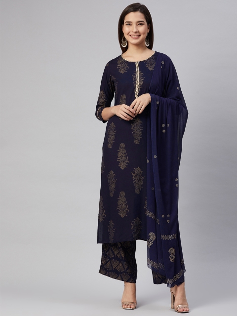 

AHIKA Women Navy Blue Ethnic Motifs Printed Gotta Patti Pure Cotton Kurta with Palazzos & With Dupatta