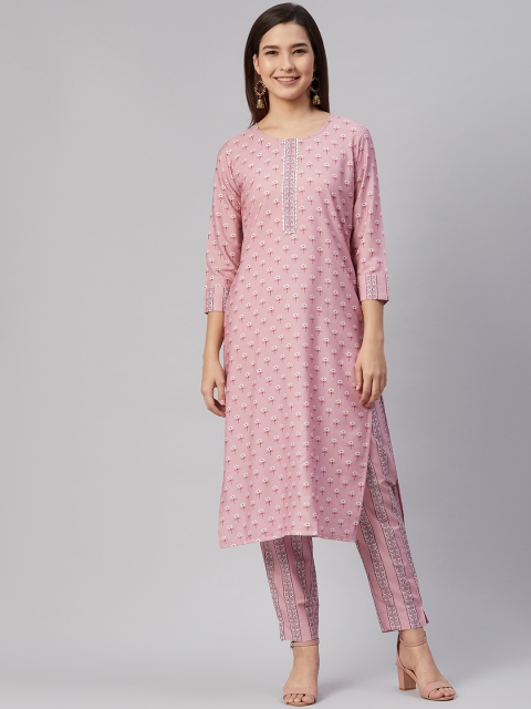 

AHIKA Women Pink & White Floral Print Pastel Kurta with Trousers