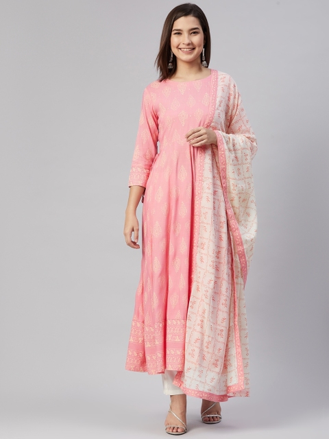 

AHIKA Women Pink & White Printed Pure Cotton Pastel Anarkali Kurta with Dupatta
