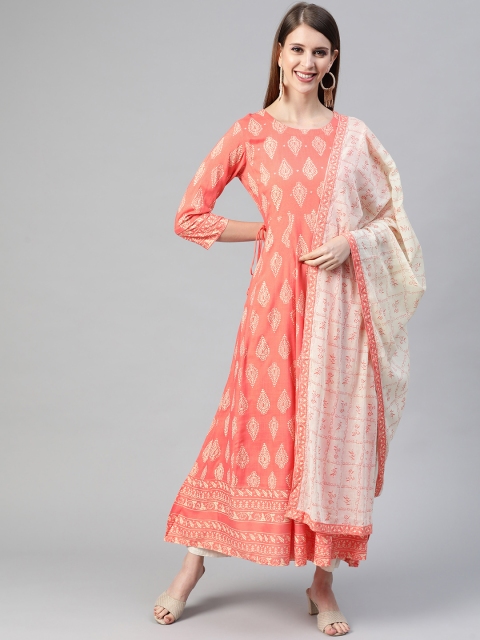 

AHIKA Women Coral Pink & Off White Ethnic Printed Mirror Work Kurta with Dupatta