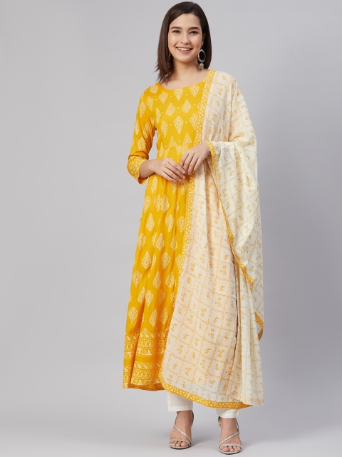 

AHIKA Women Mustard Yellow & Off White Ethnic Printed Mirror Work Kurta with Dupatta