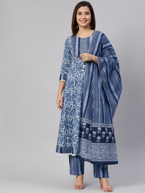 

AHIKA Women Navy Blue Ethnic Motifs Print Gotta Patti Cotton Kurta with Trousers & Dupatta