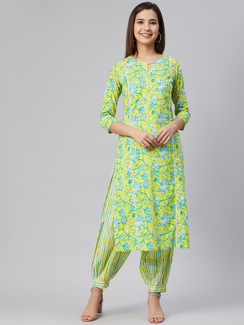 

AHIKA Women Lime Green & Teal Blue Floral Printed Pure Cotton Kurta with Salwar