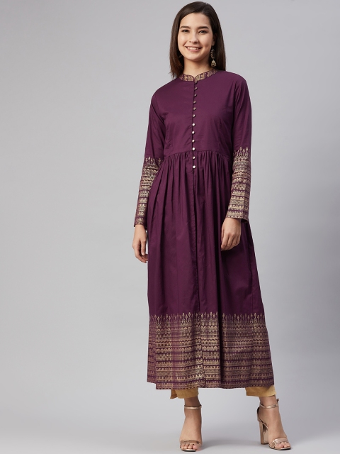

AHIKA Women Burgundy & Beige Cotton Front Slit Kurta