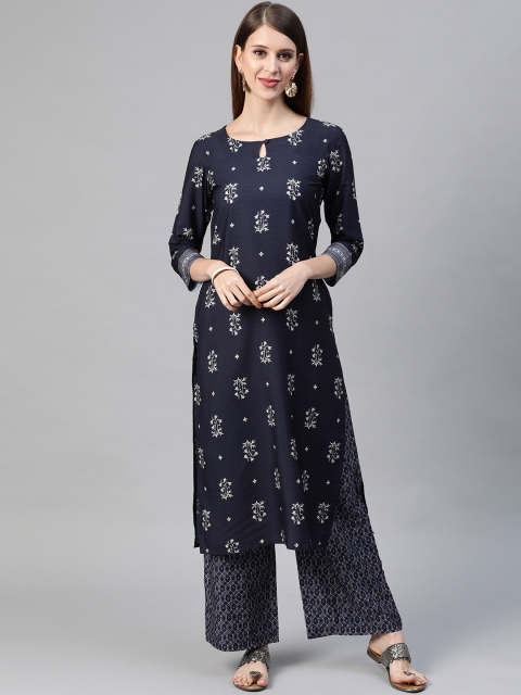 

AHIKA Women Navy Blue & White Ethnic Motifs Printed Kurta with Palazzos