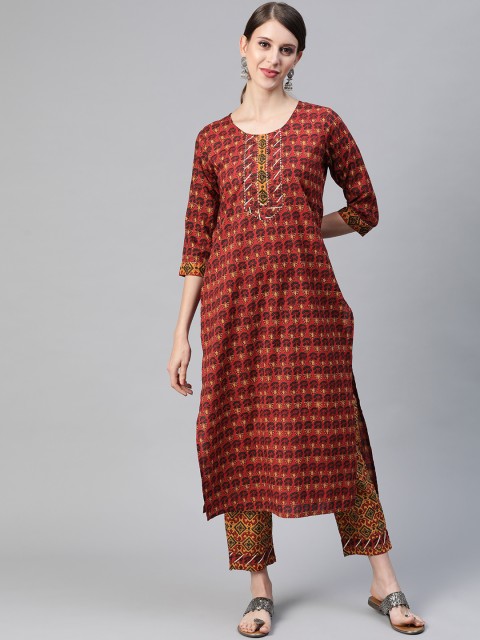 

AHIKA Women Rust Orange Ethnic Motifs Printed Gotta Patti Pure Cotton Kurta with Trousers