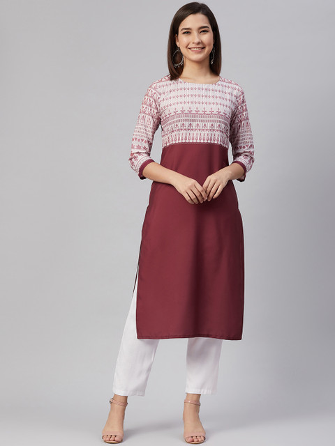 

AHIKA Women Maroon & White Ethnic Motifs Printed Kurta