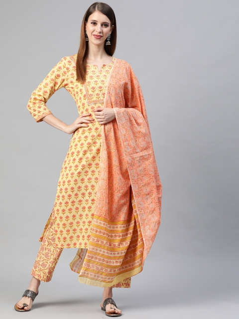 

AHIKA Women Yellow & Peach Coloured Printed Pure Cotton Kurta with Trousers & Dupatta
