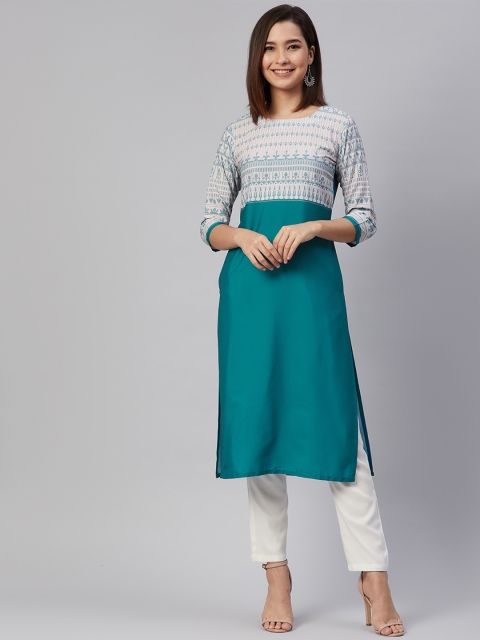 

AHIKA Women Teal Green & Off White Ethnic Motifs Yoke Design Straight Kurta