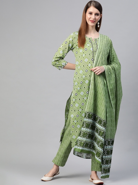 

AHIKA Women Green Pure Cotton Ethnic Motifs Printed Kurta with Palazzos & Dupatta