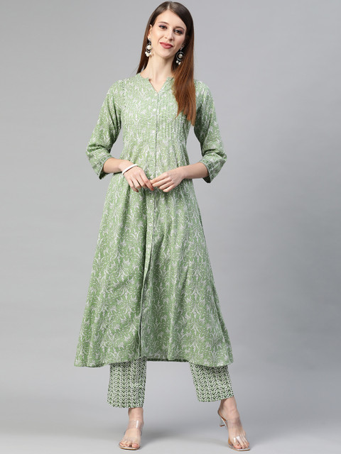 

AHIKA Women Green & White Ethnic Motifs Print Pleated Pure Cotton A-Line Kurta & Trousers