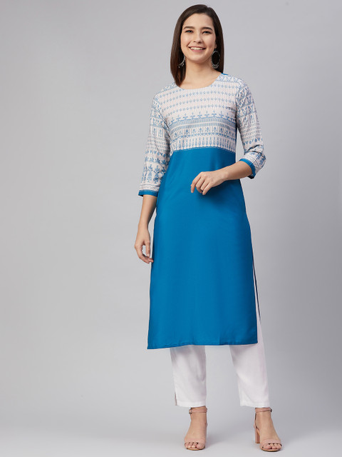 

AHIKA Women Blue & Off White Ethnic Motifs Yoke Design Straight Kurta