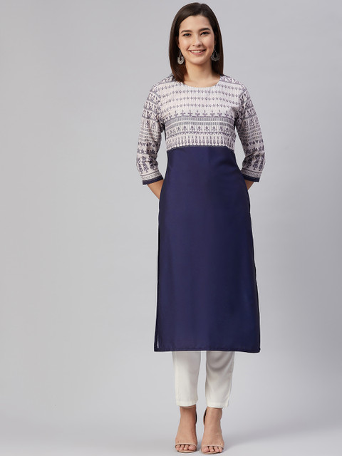 

AHIKA Women Navy Blue & Off White Ethnic Motifs Yoke Design Kurta